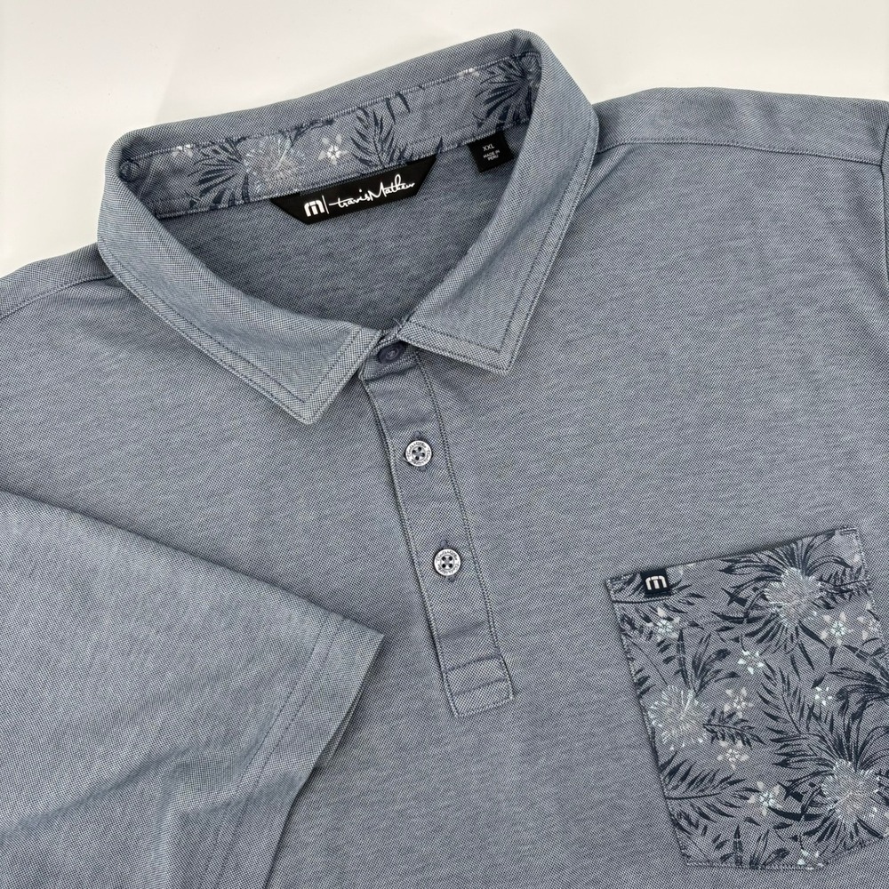 TravisMathew Mens XXL Blue Heather Floral Pocket Pima Cotton Blend Golf Polo